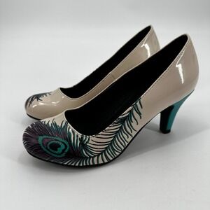 T.U.K Peacock Feather Kitten Heels Cream Rockabilly Pinup Round Toe Pumps Quirky